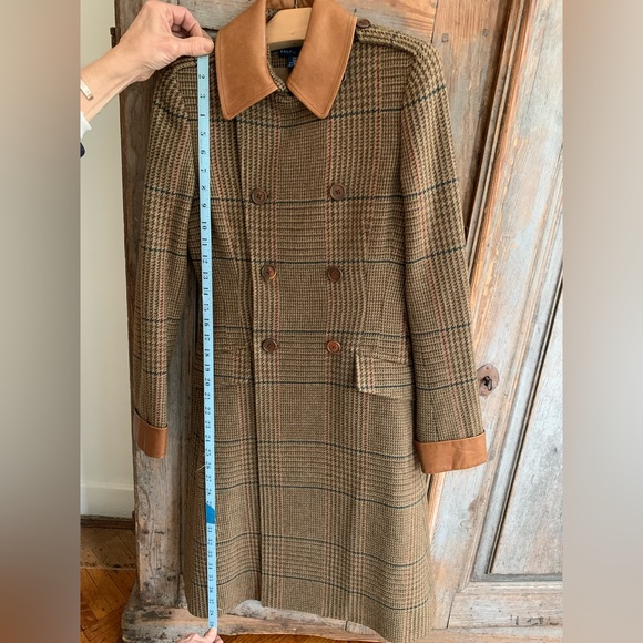 Ralph Lauren Double Breasted fitted and flare Plaid Coat with Leather Trim - Picture 12 of 13